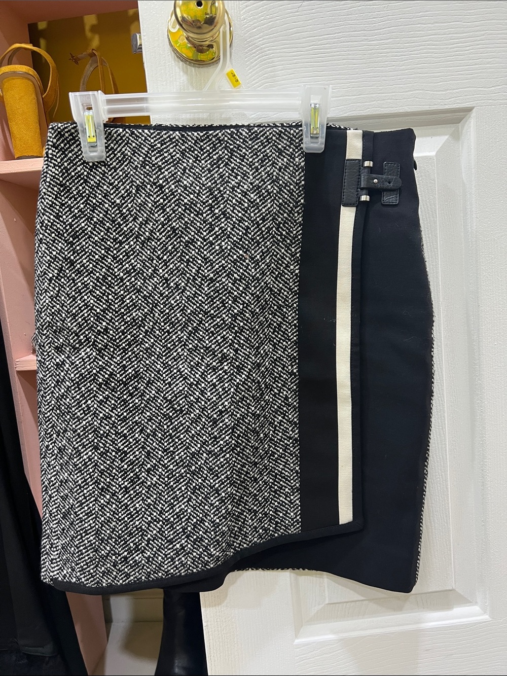 White House Black Market Black and White Asymmetrical Tweed Wrap Skirt